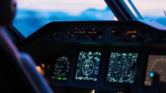 Pilot operating an airplane from the cockpit, focusing on the illuminated control panel and complex flight instruments during a night or twilight journey