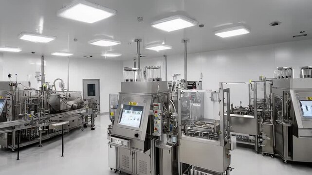 Pharmaceutical manufacturing cleanroom facility featuring advanced stainless steel machinery performing sterile filling and packaging processes for medical products and drugs on a production line