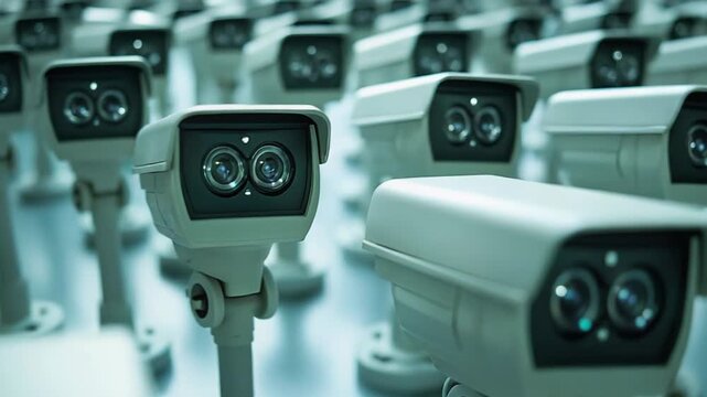 Rows of surveillance cameras lined up, conveying pervasive monitoring, modern security infrastructure and the tension between public safety and privacy in a connected digital world