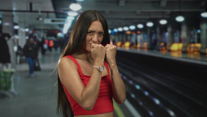 Fototapeta premium Woman in red tank top holds fists near face in a boxing guard pose at a train station building, showing bare forearms and wristwatch; confidence resilience determination.