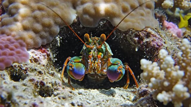 Eye-level close-up of a colorful peacock mantis shrimp in a vibrant coral reef environment with fish