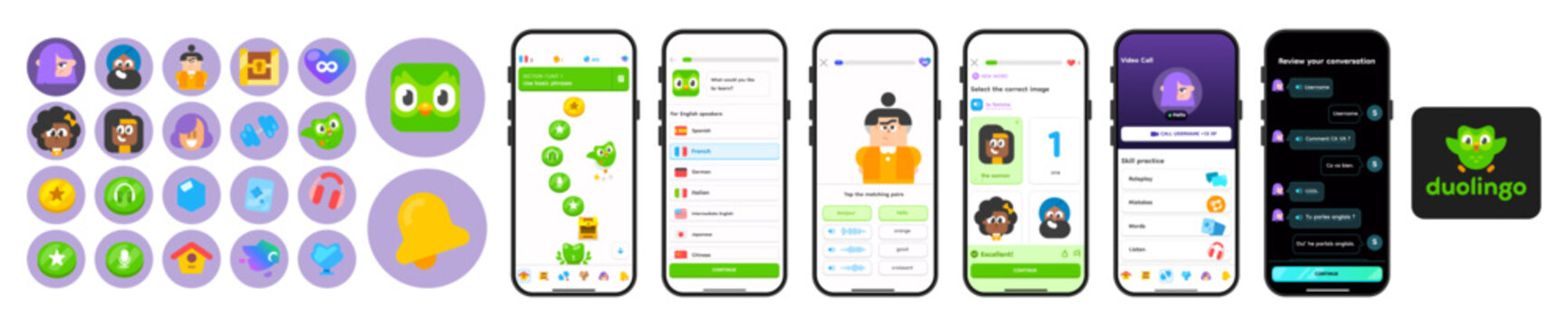 Duolingo Language Learning App Interface on Smartphone Screen. Duolingo Mobile App UI Design for Lessons, Practice and Gamified Learning