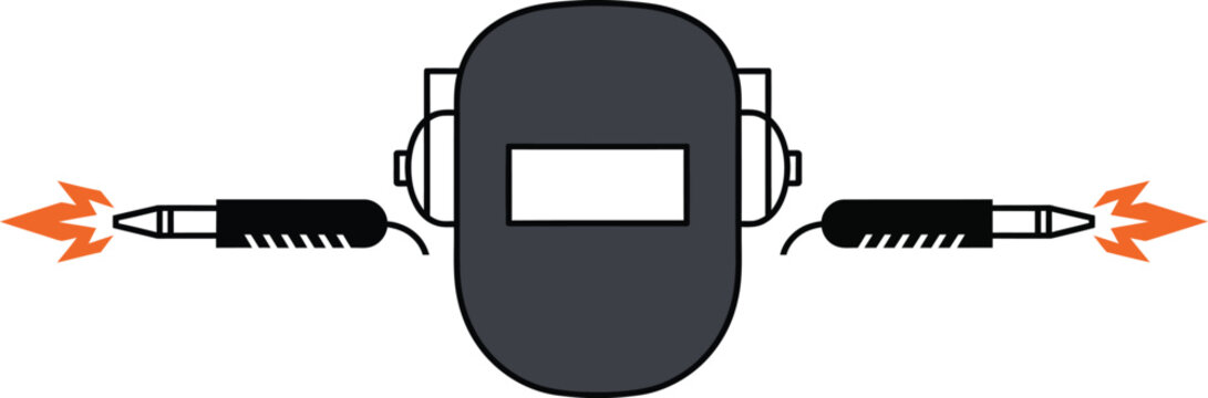 Professional grey welding mask icon with headphones and dual torches with orange flames for specialized industrial fabrication and safety gear design welder silhouette AI Generative
