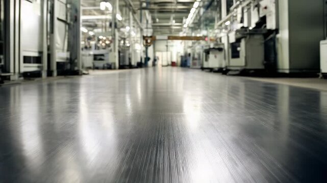 Clean industrial floor extending through a modern manufacturing facility, showcasing the blurred background of large machinery and equipment inside a production warehouse