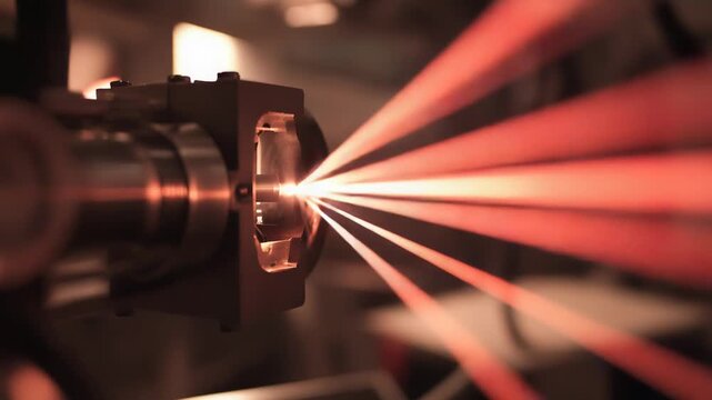 Advanced optical equipment generating multiple parallel red light beams, illuminating a dark scientific laboratory environment during an experiment or research process