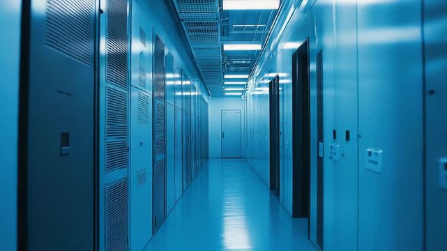 Server room corridor with rows of rack cabinets and critical infrastructure, creating a secure and technologically advanced environment for cloud computing and data storage