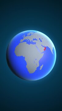 The animation shows a graphic representation of the earth and highlights the location and map of Oman colored red in vertical format.