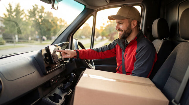 Smiling man in delivery van with package, using navigation, ready to deliver parcels