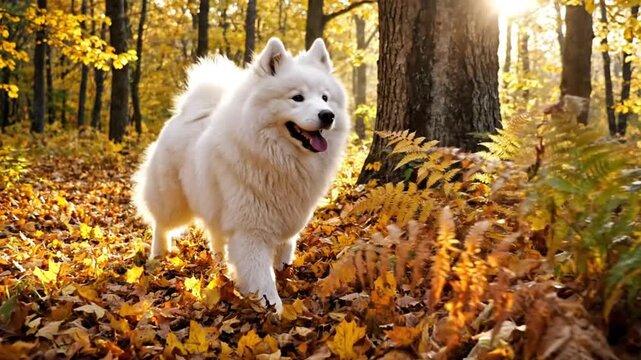 Cheerful Samoyed dog happily walking through a vibrant autumn forest with colorful fallen leaves and sunshine