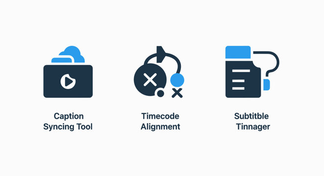 Production and accessibility icons for caption syncing, timecode alignment, and subtitle timings in digital media software