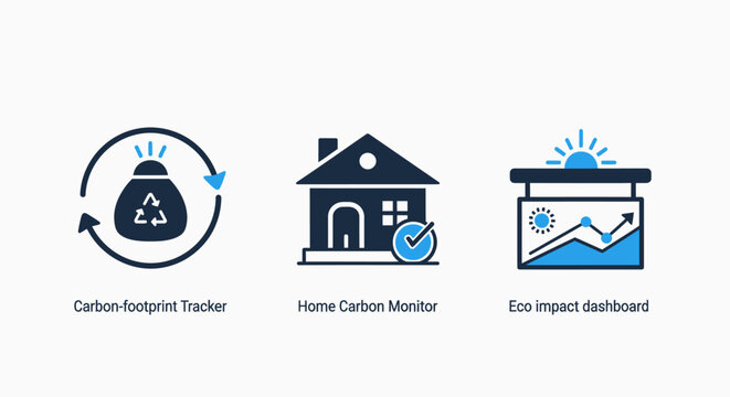 Environmental sustainability icons for tracking carbon footprint, home energy consumption, and live impact data on a digital dashboard