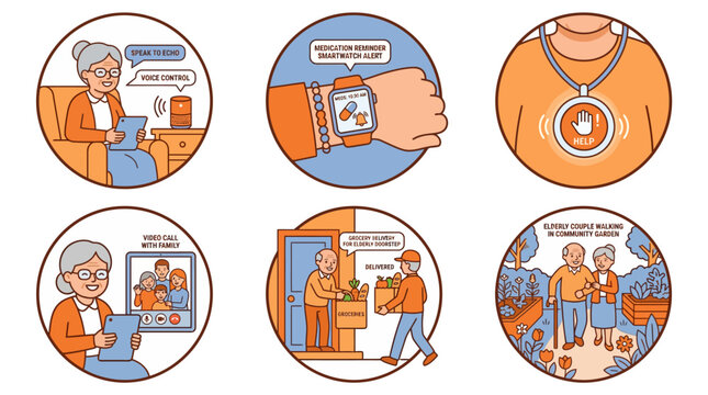 Elderly Smart Home Technology and Senior Care Support Illustration Set