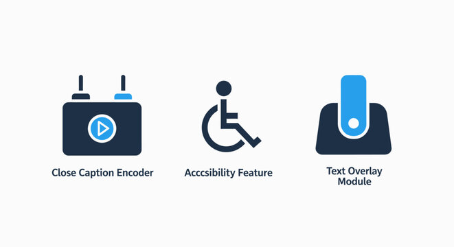 Digital media accessibility and content feature icons: closed captioning, disability access, and text overlay for inclusive platforms