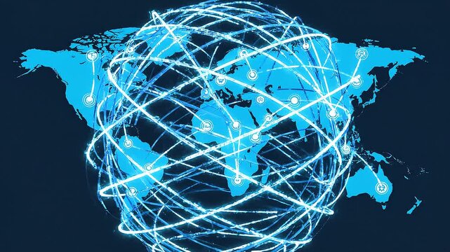 flat vector animation of global business network, world map with connected nodes, data transfer lines moving, blue tech color palette, loop animation, no text