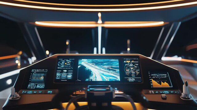 Futuristic vessel dashboard with glowing multi screen displays showing navigation, system data, radar and charts for precise control and real time monitoring of an advanced marine cockpit