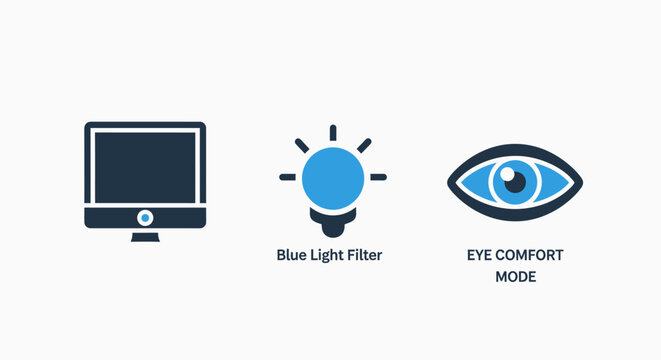 Icons for digital health and visual safety featuring a computer monitor a blue light filter bulb and an eye comfort mode symbol for reducing screen glare and eye strain