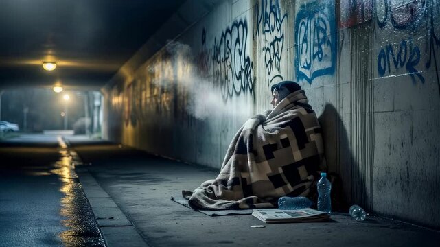 Homeless man sitting on ground wrapped in blanket in dark urban tunnel. Poverty and economic crisis aftermath showing social struggle and desperation of survivor.