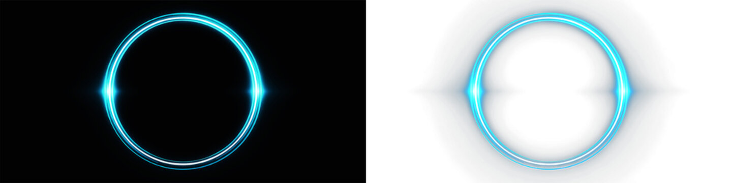 Blue neon portal ring and futuristic interface on transparent background