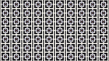 Fototapeta premium Seamless pattern intricate geometric mosaic with abstract floral motifs, a modern decorative textile design featuring a repeating grid of black, off-white, and lavender squares, perfect for elegant ba