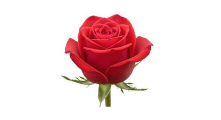 Naklejka premium Single Vibrant Red Rose Flower Head with Green Stem and Leaves isolated on White Background