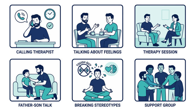 Men's Mental Health Support Therapy and Emotional Wellness Concept Set