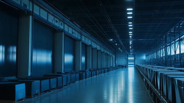 Empty logistics warehouse interior with multiple loading dock gates and industrial shelving, emphasizing efficient global supply chain and distribution infrastructure