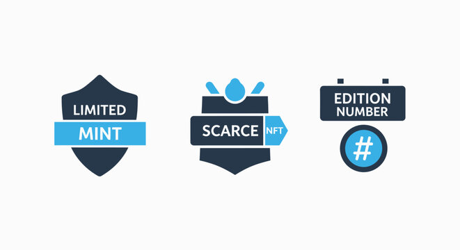 Digital icons for limited mint, scarce nft, and edition number badges representing collectibles and digital art