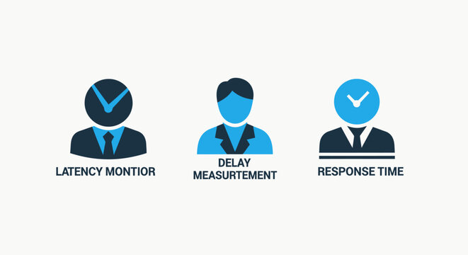 Icons representing latency monitoring, delay measurement, and response time analysis for network performance and system optimization, speed test