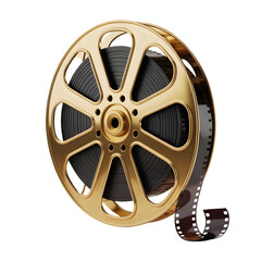 Obraz premium A luxurious golden 3D rendered film reel, filled with a dark movie strip, elegantly unspooling, on transparent background. on transparent background