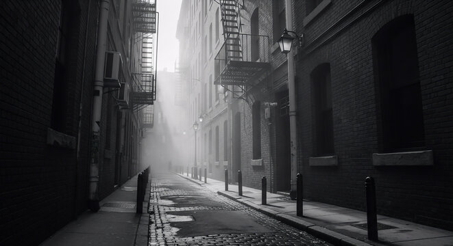 Black and white alley illuminated by strong sunlight beams cutting through darkness. High contrast scene with cinematic composition, emphasizing textures, shadows, and a mysterious urban mood.