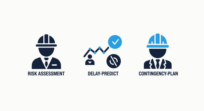 Construction and planning icons: risk assessment, delay prediction, and contingency plan for project management