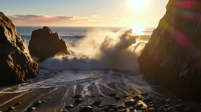 Spectacular ocean waves crashing against rocks during sunrise golden hour creating a beautiful coastal scene