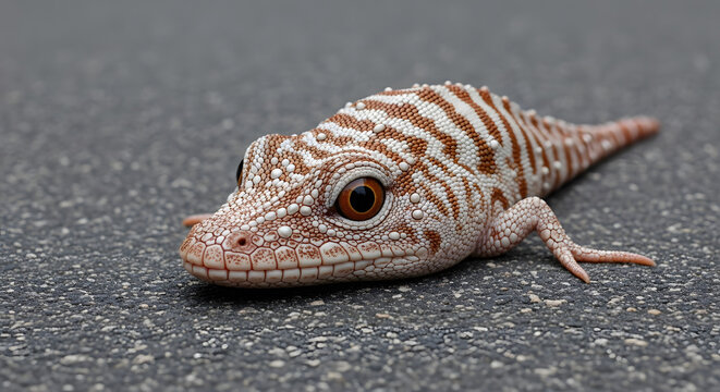 A close up of a small lizard on a gray surface
