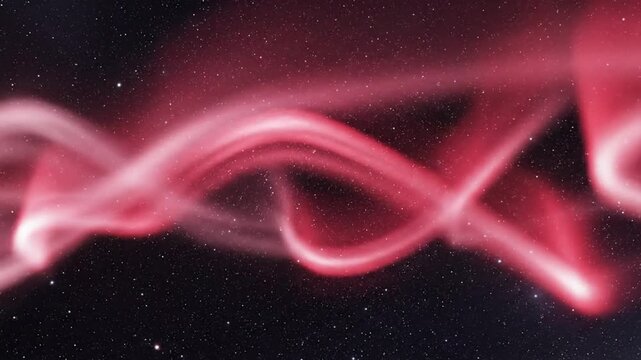 Abstract red aurora borealis light display in space with twinkling stars background