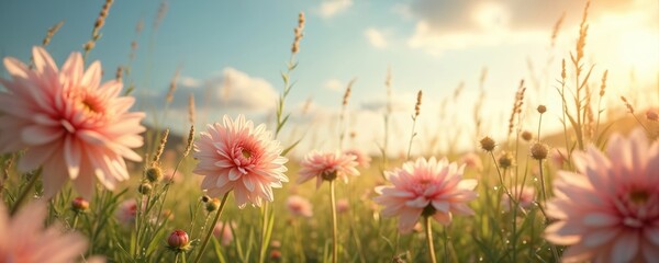 Obraz premium Pink dahlias bloom in sunlit meadow with wispy grass under blue sky. Soft petals, golden hour light. Floral nature scene perfect for wedding or summer themes.