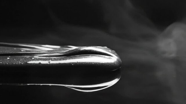 Black viscous substance in macro shot with smoke in the background, showing fluidity and texture