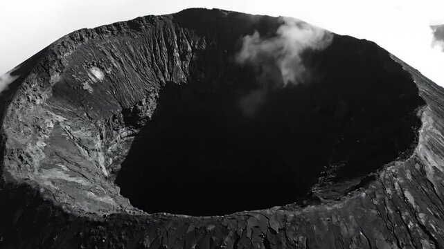 Dramatic aerial view of a dormant volcanic crater with wisps of vapor rising in black and white