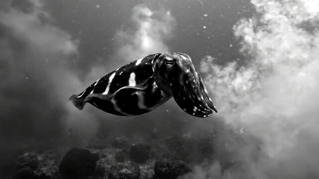 Graceful cuttlefish swims freely in a murky ocean habitat, displaying vibrant patterns underwater