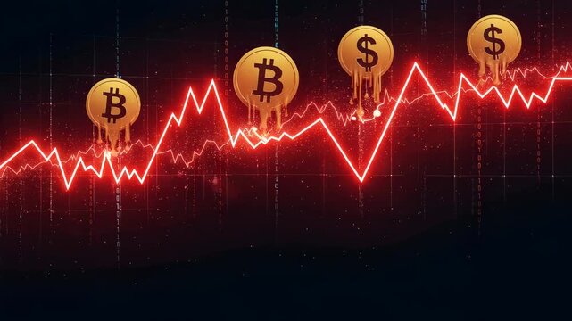 Melting bitcoin and dollar coin icons over a falling red chart line. Financial crash concept representing global economic crisis, inflation, and market instability.