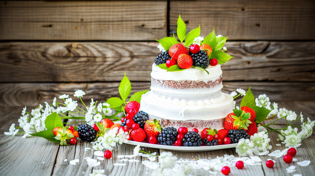 Two-tier white frosted cake topped with strawberries, blackberries, leaves, and flowers, placed on rustic wood with scattered blossoms, spring dessert, country celebration.