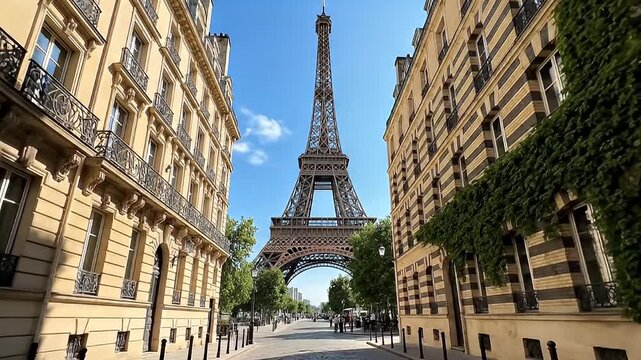 Iconic Parisian street leading towards the magnificent Eiffel Tower under a clear blue sky