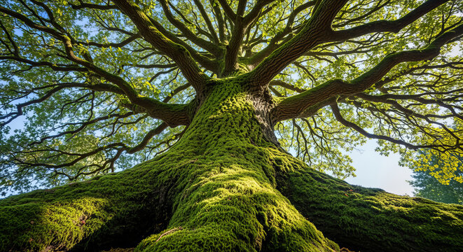 Majestic Oak Tree Standing Tall Against a Clear Blue Sky, Surrounded by Vibrant Green Forests