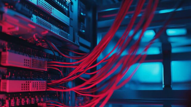 Datacenter server rack networking equipment with numerous red cables connecting hardware components, illustrating the vital infrastructure of computing and information technology