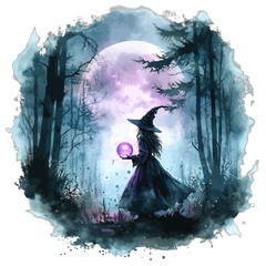 Fototapeta premium Watercolor spooky witch in moonlit forest holding a glowing crystal ball