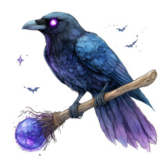 Fototapeta premium Watercolor spooky purple raven with glowing eyes perching on crystal broom