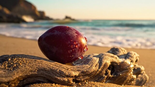 Ripe plum fruit resting on driftwood with water droplets on a golden beach with the ocean in the background at sunrise