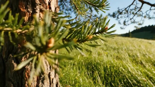 Close-up of a pine tree trunk with textured bark and green needles on a sunny day in a grassy field