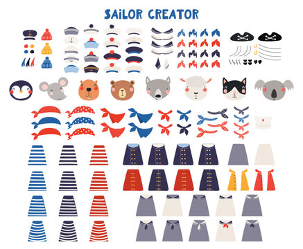 Cute sailor character creator, isolated illustration set. Penguin, mouse, beaver, bear, wolf, sheep, cat, koala animals. Nautical clothes. Kid design element, clip art collection Hand drawn vector