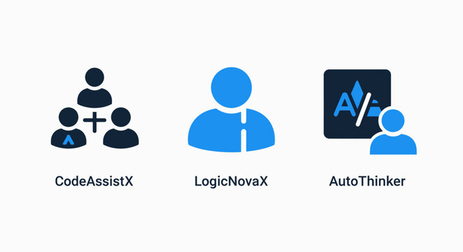 Artificial intelligence software development concepts illustrating code assistance logic processing and automated thinking icons for programming and engineering interface design solutions