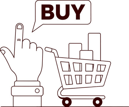 Rude gesture with shopping cart and 'buy' speech bubble silhouette